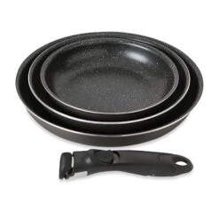 Set 3 Poêles Anti-adhésives Effet Pierre Et Manche Amovible